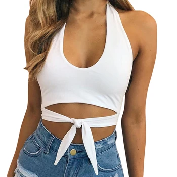 

Halter Backless Sexy Tops for Women Off Shoulder Sleeveless U Collar Crop Top Women Knotted Short Summer Tank Top