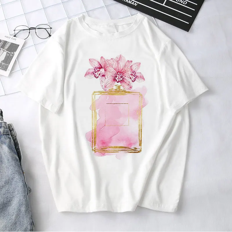 

Perfume Flower T-shirts Summer Vintage Arrivals Fashion Printed T Shirt Woman Harajuku Short-sleeved Casual O-neck Tshirt Tumblr