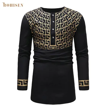 

BOHISEN African Ethnic Geo Pattern Print Shirt For Men Longline Tunic Tops Half Button Crew O Neck Nigeria Clothes Mens