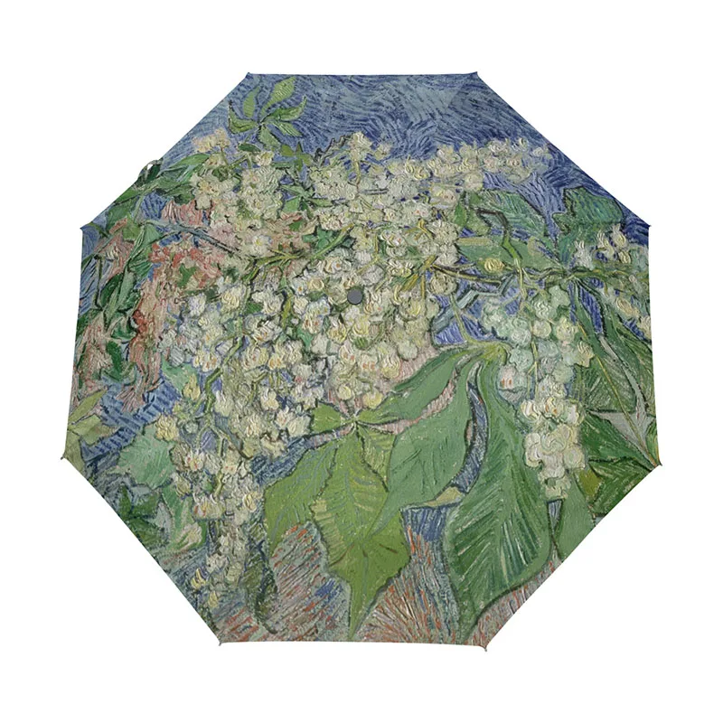 Цветущие ветви каштана узор зонтик дождь для женщин Защита от Солнца Три складной автоматический женский летний картина маслом Зонты