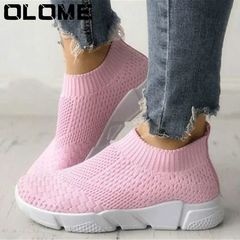 

Women Shoes Plus Size Flyknit Sneakers Women New Vulcanized Shoes Casual Female Slip On Flat Shoes White Mesh Walking Footwear