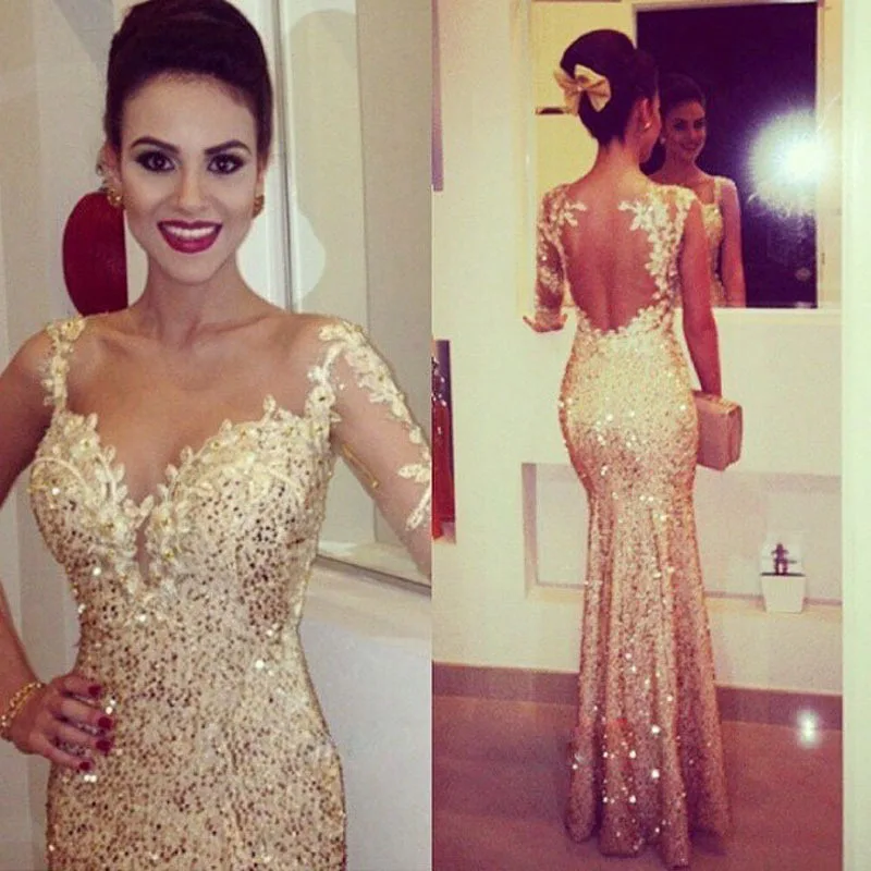 

2015 new custom made chiffon robe de soiree long abendkleider crystal beaded sheer neck formal evening gowns beige prom dresses