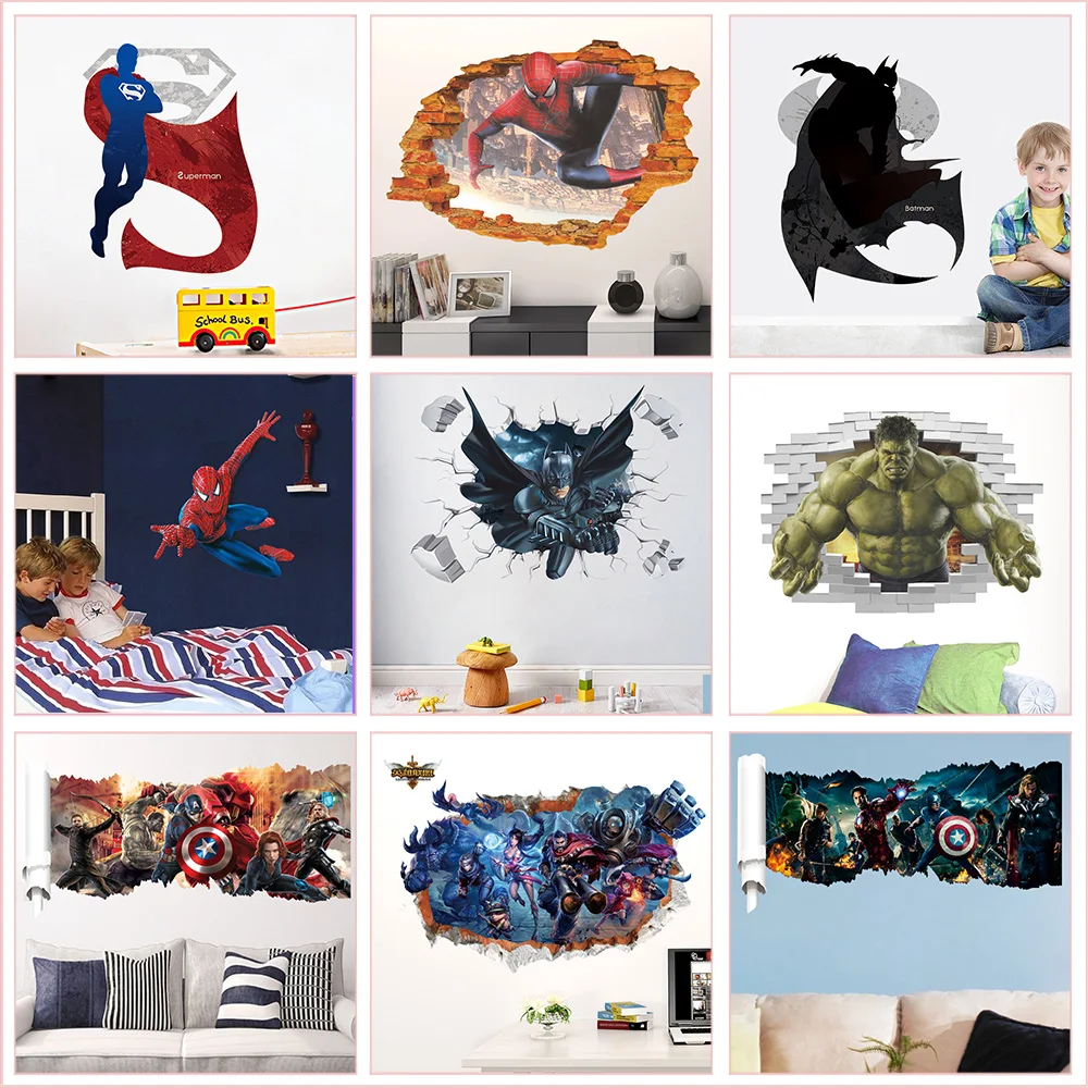 Тема супергероев, настенные наклейки для детской комнаты, украшение для дома, сделай сам, Супермен, Бэтмен, Халк, Человек-паук, 3d отверстие, ПВХ, Настенная роспись, художественная наклейка для мальчиков
