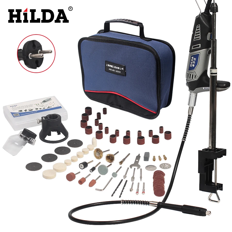 

HILDA 220V 180W Dremel style Electric Rotary Power Tool Mini Drill with Flexible Shaft and Holder 94pcs Accessories Set Bag