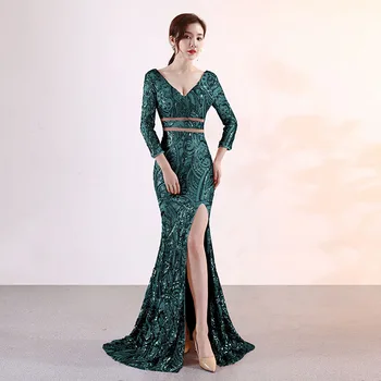 

Green Paisley Pattern Deep V Neck Three Quarter Sleeve Luxury Celebrity Party Sequin Dress Women 2018 Sexy Cocktail Club Dresses