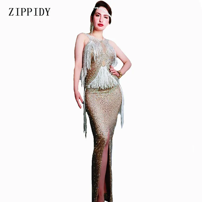 

Sparkly Crystals Fringes Dress Singer Performance Dresses Party Celebrate Glisten Rhinestones Costume Sleeveless Long Dress