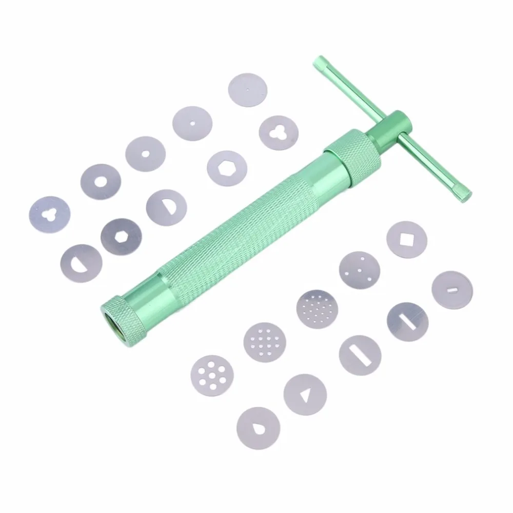 

Green Stainless Steel Clay Extruder Tool with 20 Tips Sugar Paste Extruder Cake Decor Tools 20 x Discs of Different Patterns