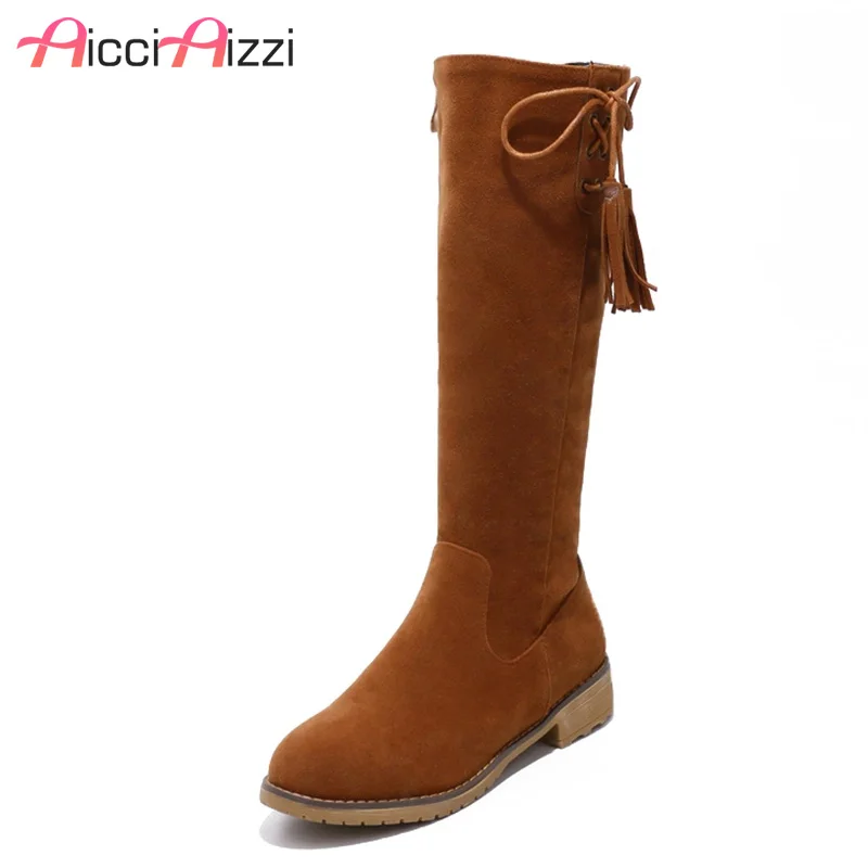 

ZALAVOR 4 Color Size 34-43 Women Mid Calf Boots Square Heels Shoes Women Lace Up Tassel Winter Botas Round Toe Footwear