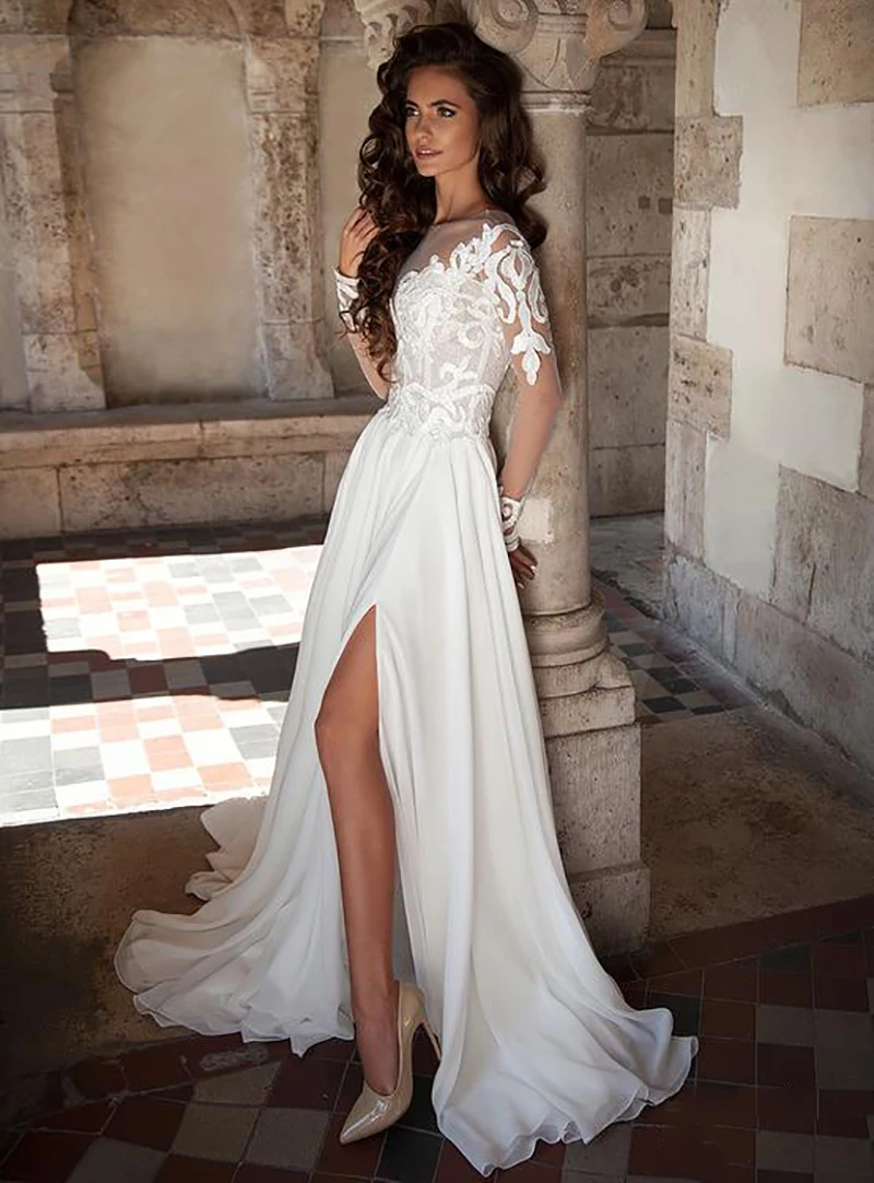 LORIE Prinses Witte Trouwjurk Lange Mouwen Elegante Geappliceerd A-lijn Bruid Jurken Chiffon Side Split Boho Trouwjurk 2019 LORIE Prinses Witte Trouwjurk Lange Mouwen Elegante Geappliceerd A-lijn Bruid Jurken Chiffon Side Split Boho Trouwjurk 2019