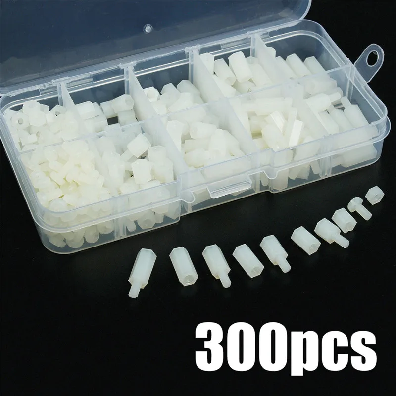 Mayitr 300pcs M3 Nylon Hex Male-Female Standoff Spacers Screw Nuts Kit White for Fasteners & Hooks