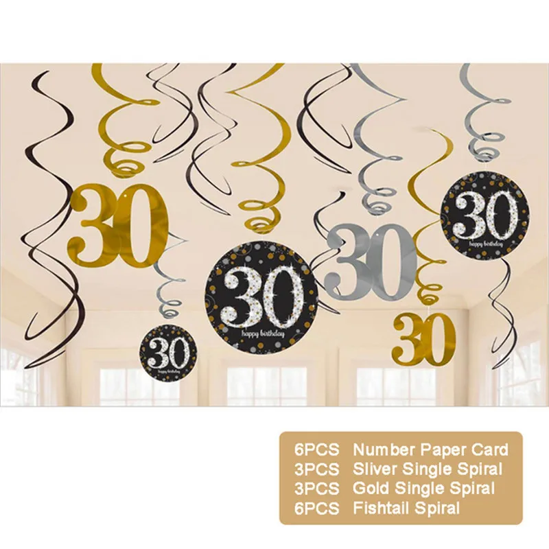 

12PCS 18/30/40/50/60 Year Olds Plastic Spiral Ornaments,5PCS Latex Happy Bityhday Balloons, Party Decorations
