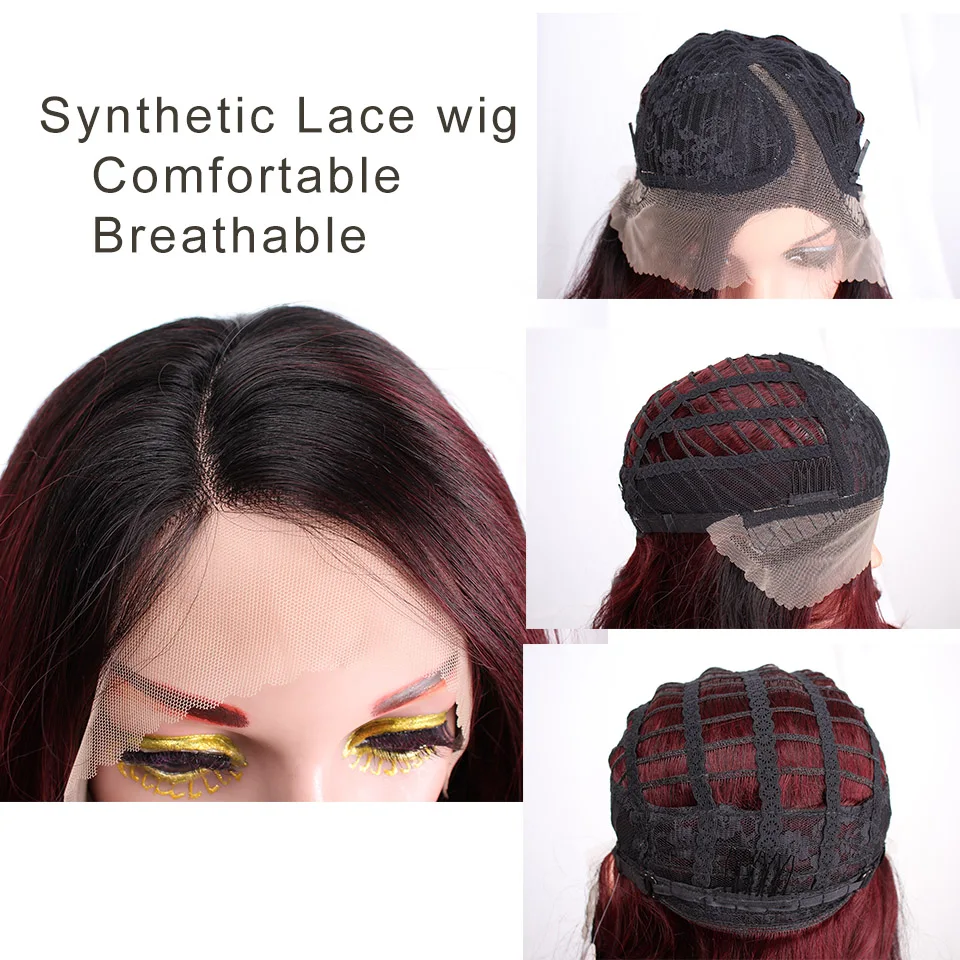 I's a wig 24 inch Ombre Dark Red Long Wavy Wig Perucas front lace Hair Synthetic Lace Wigs for Black Women Wave wig