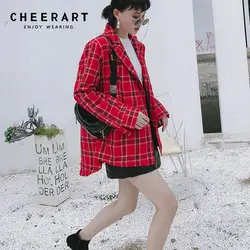 Cheerart Винтаж плед Красный Блейзер Для женщин патч твидовый блейзер пальто куртка Высокая мода плюс Размеры Повседневное пиджаки Femme осень 2018