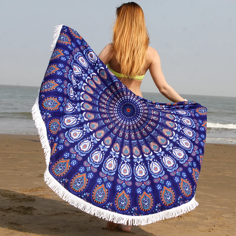 

The Peacock Screen Printing Round Beach Towel 150cm Yoga Mate With Tassels Microfiber Practical Picnic Blanket shawl