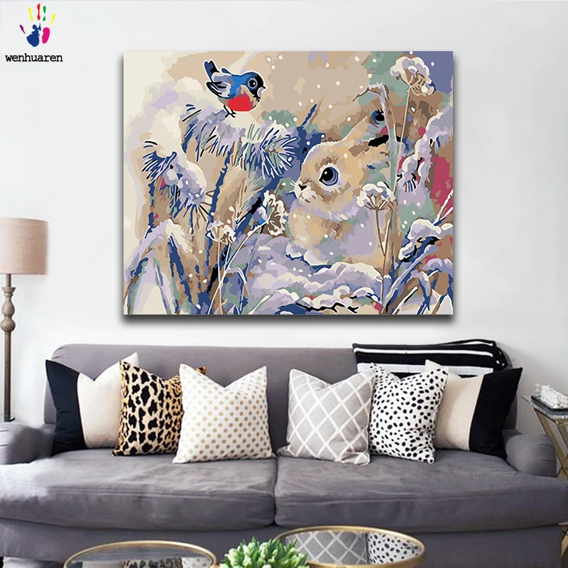 

Diy paints by numbers picture painting by numbers with kits Rabbit Little bird flower lovely Decorative hanging painting gift