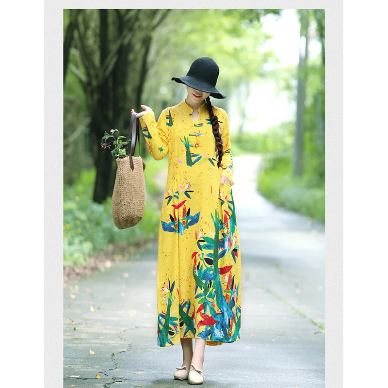 Женское винтажное платье макси с цветочным принтом свободное из хлопка и льна