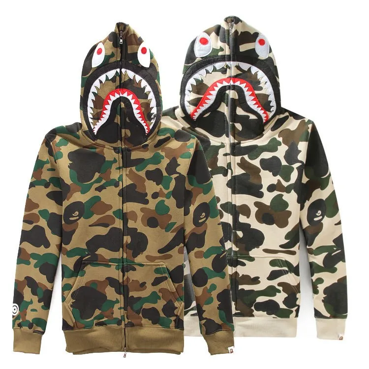 Bape tiburón sudadera con capucha camuflaje moda hip hop