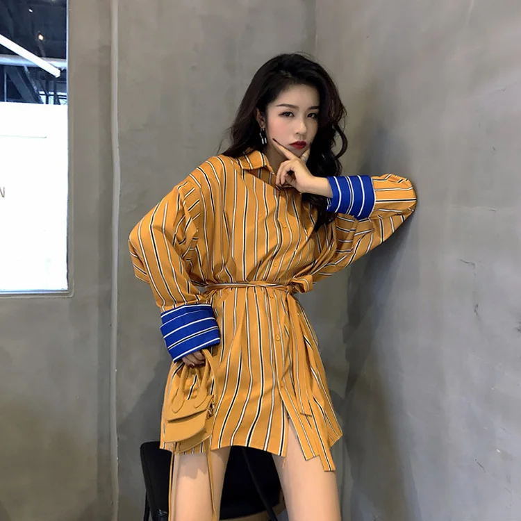 

Girl Tops Stripe Shirts Female wear Loose Blouse Long Sleeve Woman Blouses Elegant Womens Comfortable Wearing Casual Belt Shirts