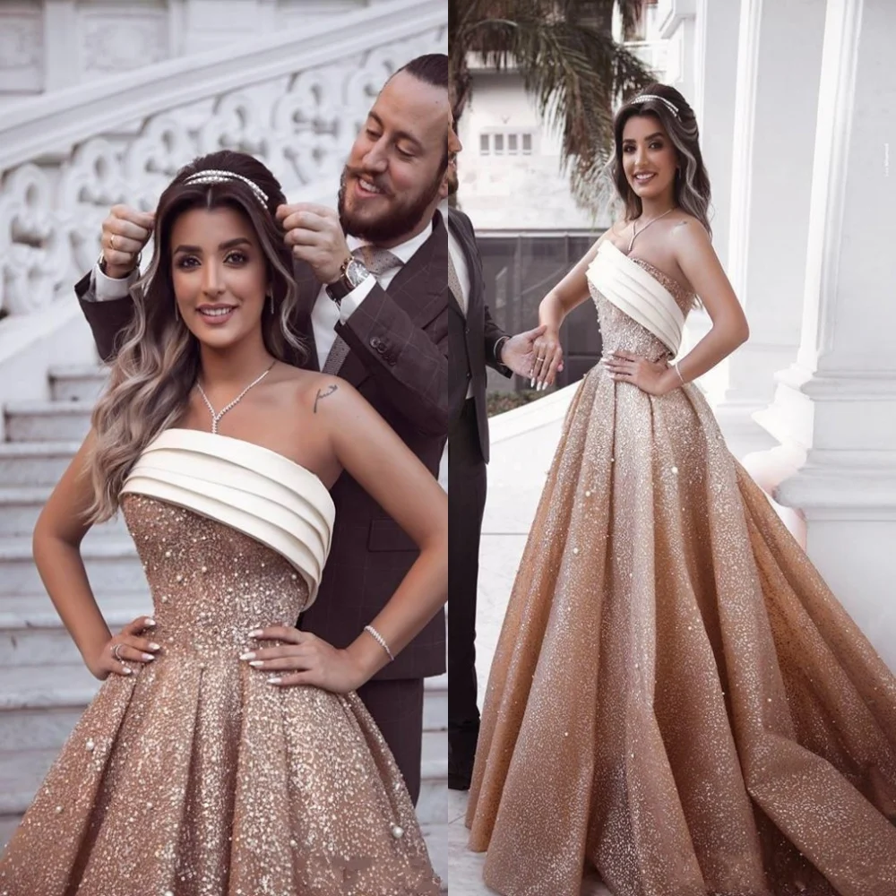 

Sparkling Sequins Prom Dresses 2019 Sexy Arabic Long Evening Party Gowns Pleated Ruched Evening Party Gowns