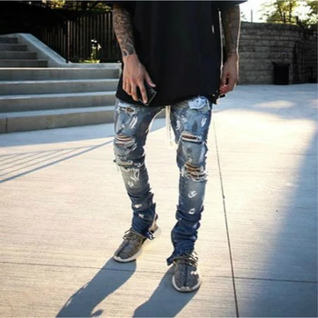 

Distressing Skinny Stretch Denim Jeans Justin Bieber Paint Splatter Drawstring Biker Jeans streetwear