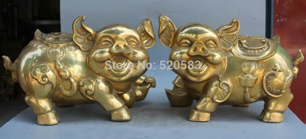 ZSR 16&quot Chinese Brass FengShui Wealth Happyness Fu Pig Swine Animal Pair Sculpture discount 30% | Дом и сад