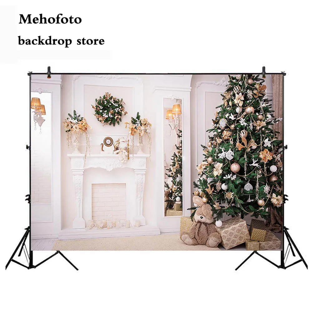

Mehofoto Christmas Backdrop for Photography Green Tree Fireplace Photo Booth Background Studio Theme Party Decoration 150