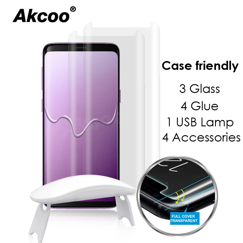 Akcoo Note 9 full glue glass screen protector with liquid adhesive  for samsung S8 9 Plus note 8 S7 edge case friendly protector