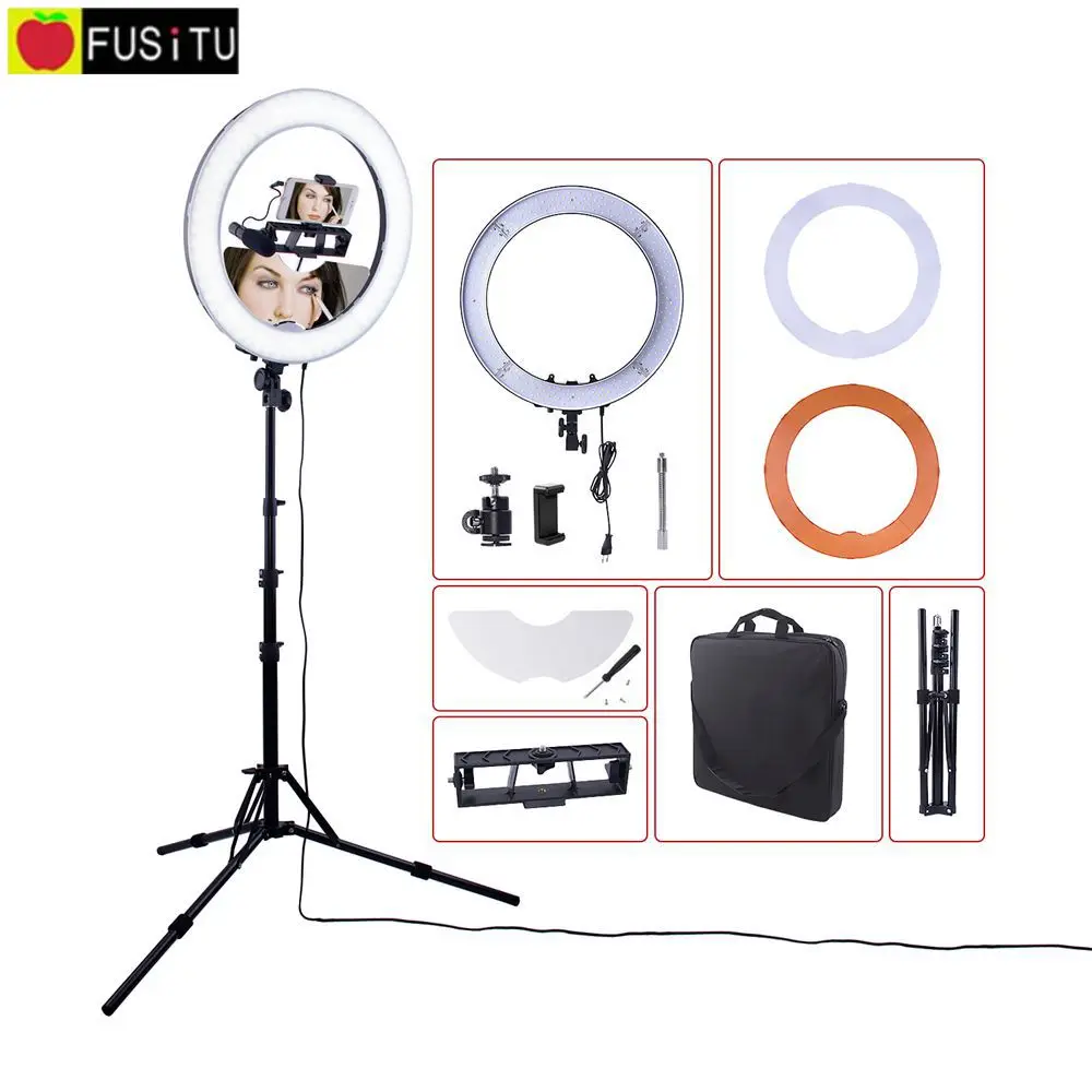 

Fusitu 18 inch Photography Lighting Dimmable LED Video Photo Ring light Mirror Phone and Camera holder portrait interview makeup