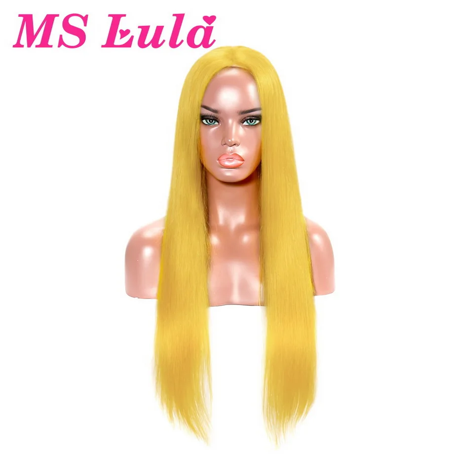 Ms lula Цветной Синтетические волосы на кружеве парики из натуральных волос на кружевной 99j/зеленый/красный/желтый/туманный розовый/оранжевый/синий/розовый средний коэффициент 13x4 парик шнурка человеческих волос 150 - Цвет: Цвет: желтый