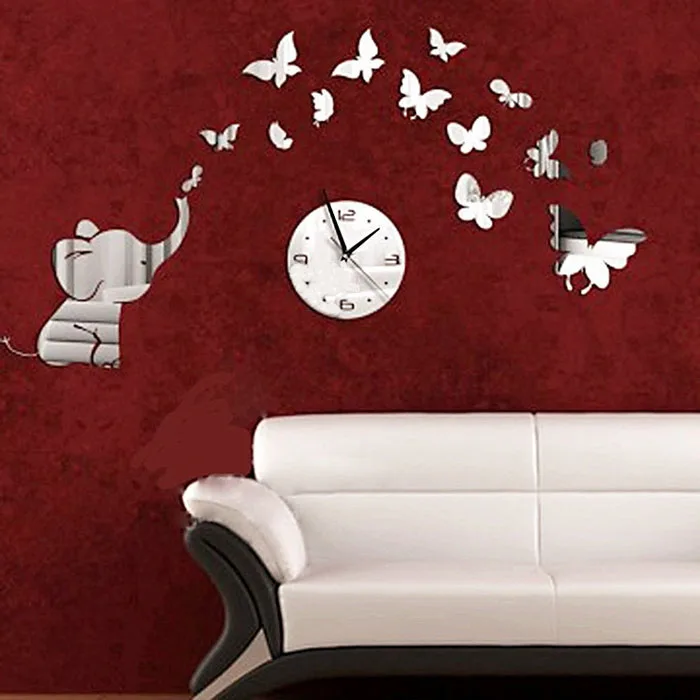 

Elephant Butterfly DIY Mirror Wall Clock Wall Sticker Home hot diy mirror wall clock Acrylic 3d stickers europe decor z0321