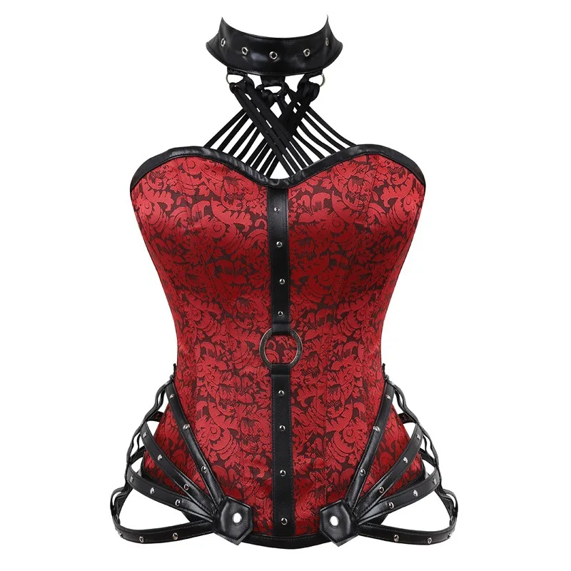 

Steampunk Punk Rave Red Steel Boned Corset Sexy Black Floral Brocade&Faux Leather Halter Neck Choker Corselet Gorset Corselete