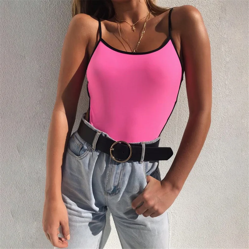 

Strappy Open Back Buckle Pink Sexy Bodysuit Women Sexy Summer Rompers Top Body Bathing Suit Club Outfits 2019