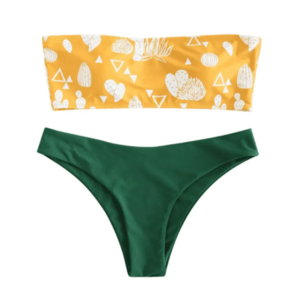 

Women High Cut Strapless Two Pieces Bra Set Biqini Set Off Shoulder Summer Beach Print Bathing Suit Bra & Brief Sets