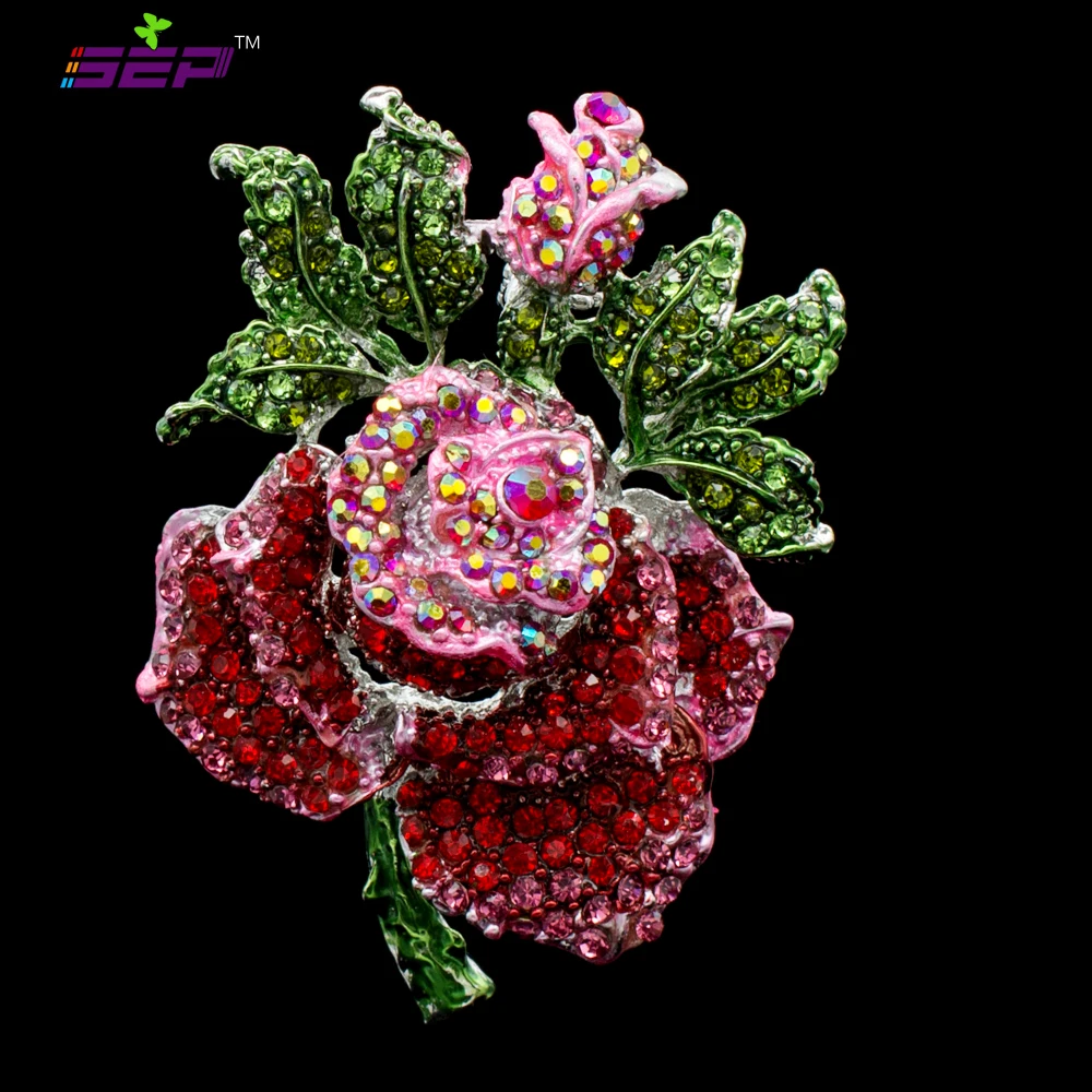 

Beautiful Rhinestone Fashion Jewelry Rose Bud Brooches Red Rhinestone Crystal Brooch Broach Pin 8806635
