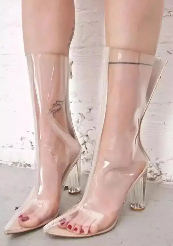 

Fashion Transparent Crystal Heels Short Boots Spring Pointed Toe High Heel Shoes Women Large Size Customzied Party Shoes