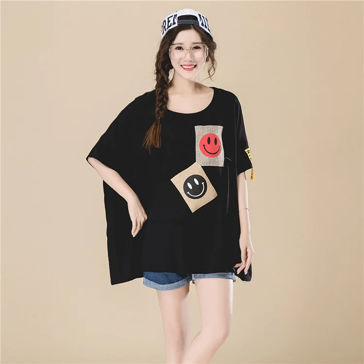 Summer Loose Oversize Patch Women T Shirt 2018 Korean Fashion O Neck Thin Pection Tops Plus Size Black White T Shirt