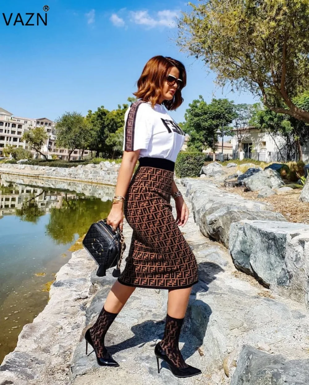 

VAZN 2019 new summer design white 2Pieces streetwear sets women sexy short sleeves T-shirt and mid-calf dress solid sets YMT6070