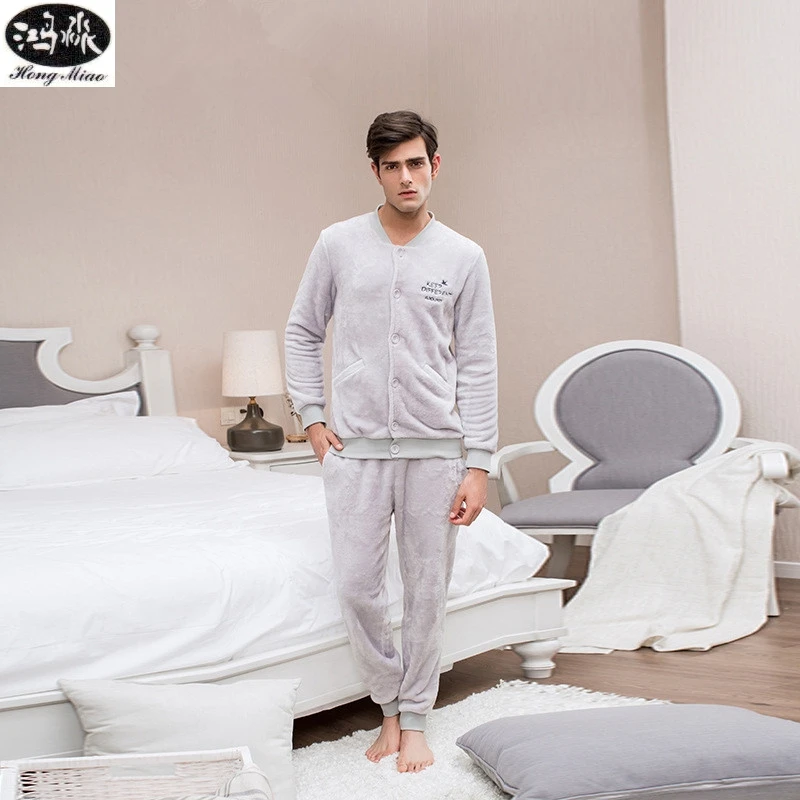 Winter Flannel Pajamas Sets Men Long sleeeves Solid Color Polyester 2