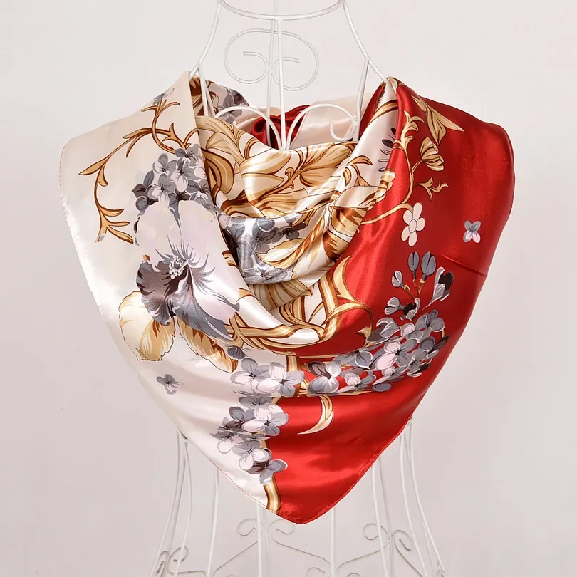 Элегантный женский большой квадратный шелковый шарф с принтом, 90*90 см, модный весенний и осенний серый и фиолетовый Шелковый шарф из полиэстера, шаль - Цвет: red beige