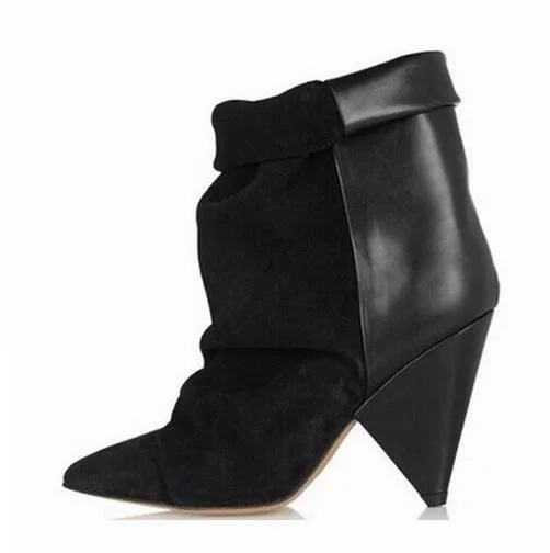 

Sexy Black Pleated Ankle Boots for Women Spike High Heel Boots Fold Over Pointed Toe Autumn Winter Botas Mujer Wedge Shoes Woman