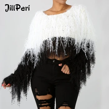 

JillPeri Autumn Winter Warm Knitted Crop Top Fashion Tassel Patchwork Black White Short Sweaters Women Sexy Daily Outfit Sweater