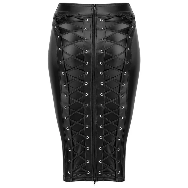 

Women Pencil Skirt Black High Waist Back Lace Up PU Leather Skirts Fall Winter Female Zipper Midi Skirts Sexy Wrap Bodycon Skirt