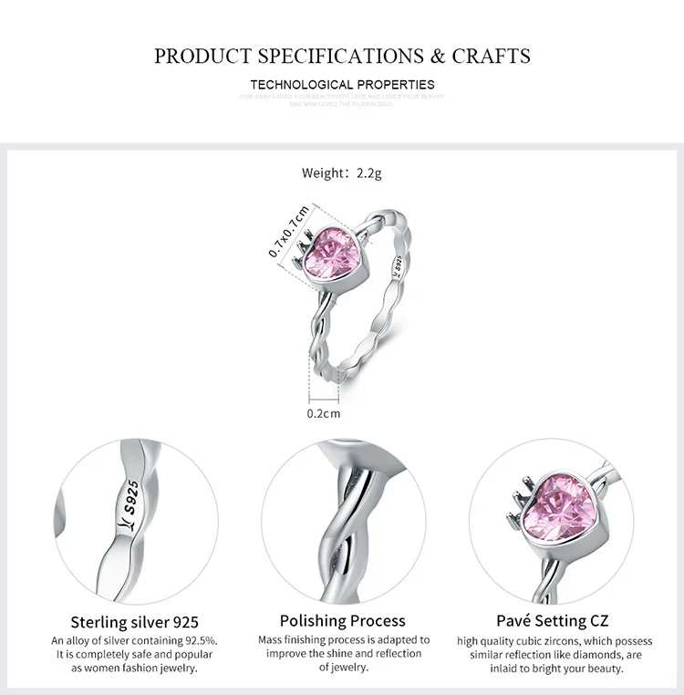 WOSTU горячая Распродажа настоящие 925 пробы серебряные розовые кольца с изображениями сердца, короны для женщин Роскошные S925 серебряные свадебные украшения подарок CQR150