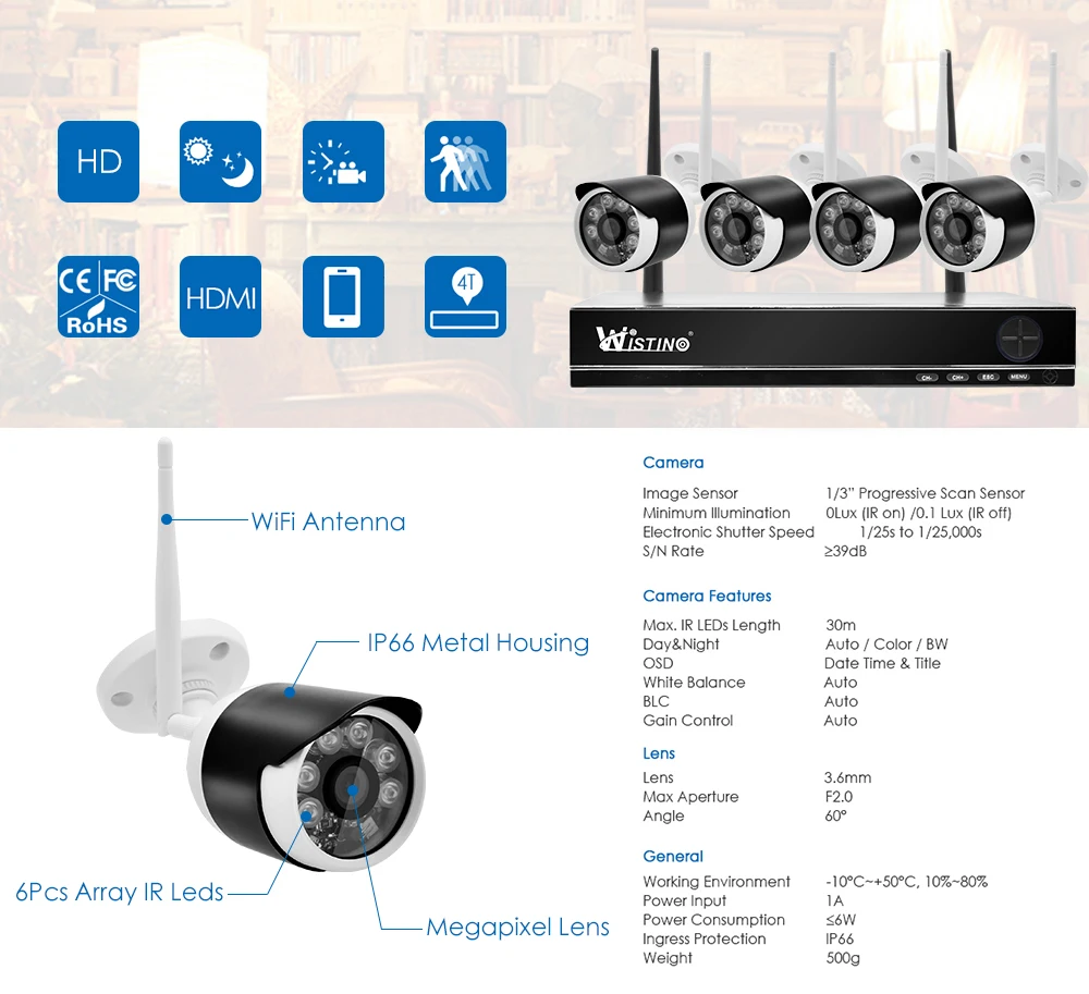 Wistino XMEye 4CH Беспроводной NVR комплект Открытый HD 720 P камера видеонаблюдения с WiFi Системы безопасности IP Камера Водонепроницаемый наблюдения