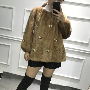 

Real Mink Fur Women Regular Overhead Skirt Coat Winter Warm Thick Whole Mink Fur Bows Jacket
