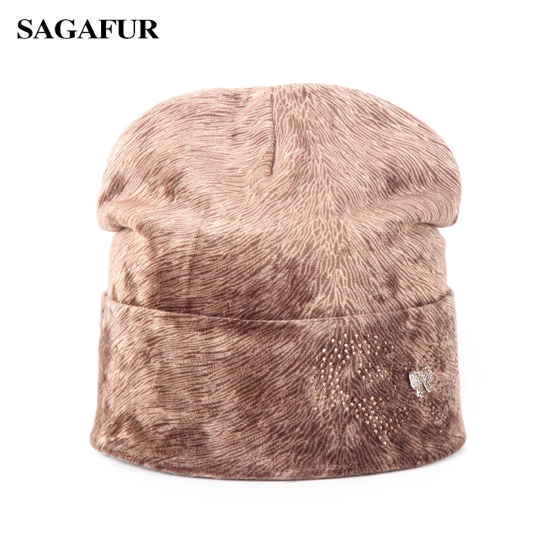 Winter Beanies Bonnet Hat for Women Rhinestone Butterfly Velvet Caps Ladies Skies Thick Fluff Skullies Hats