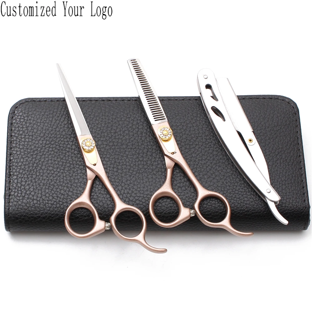 

6.0" Stainless Customize Logo Rose Gold Professional Barber Scissors Straight Shears Thinning Scissors Salon Hair Scissors C9105