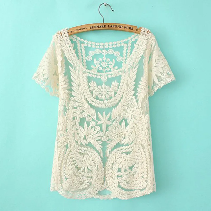 

Short sleeve summer tops women sexy see-through embroidery lace blouse cute ladies lace tops beach cover up blusa com renda