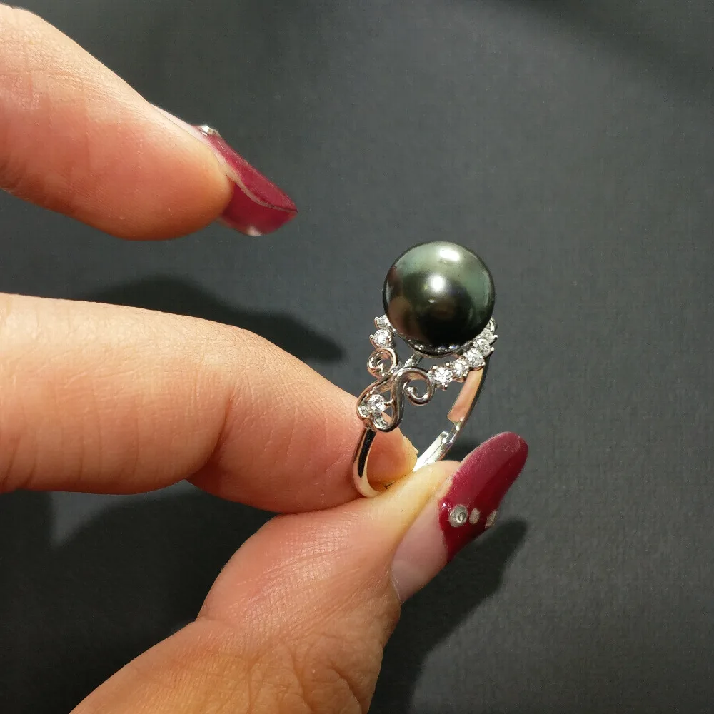 

FLZB, Classic Ring Natural Tahitian Black Pearl Perfectly Round 8-9mm Elegant Ring in 925 Sterling Silver with 18k Plated ring