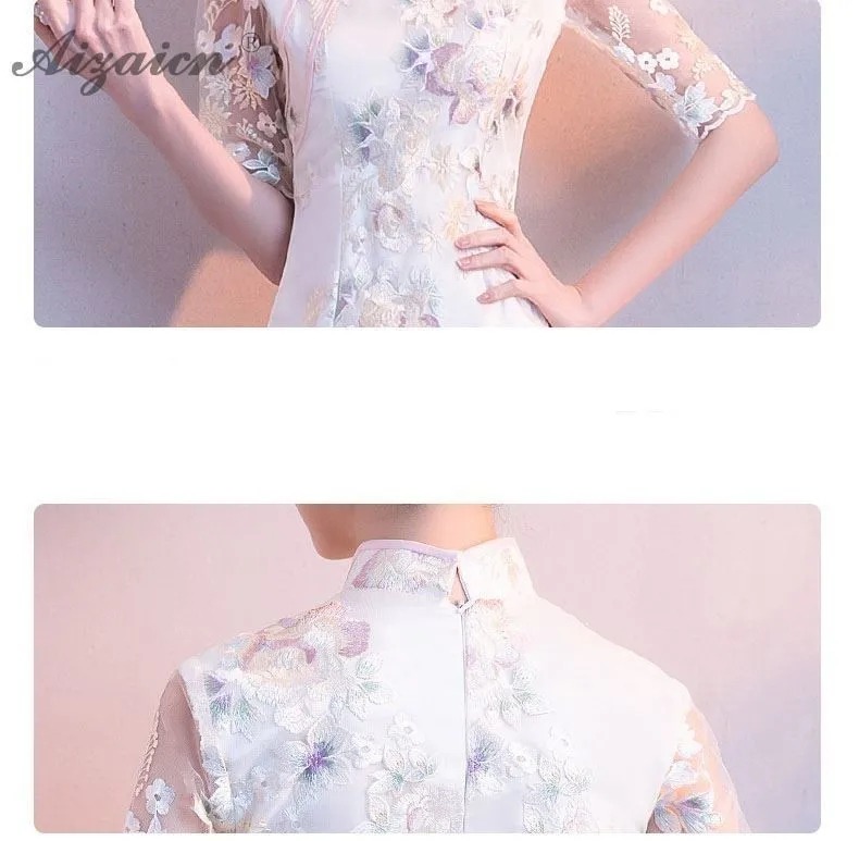 Primavera flor bordado Cheongsam corto Slim Qi Pao las mujeres vestido chino 2019, китайский, Восточный, винтажный стиль, vestido Qipao